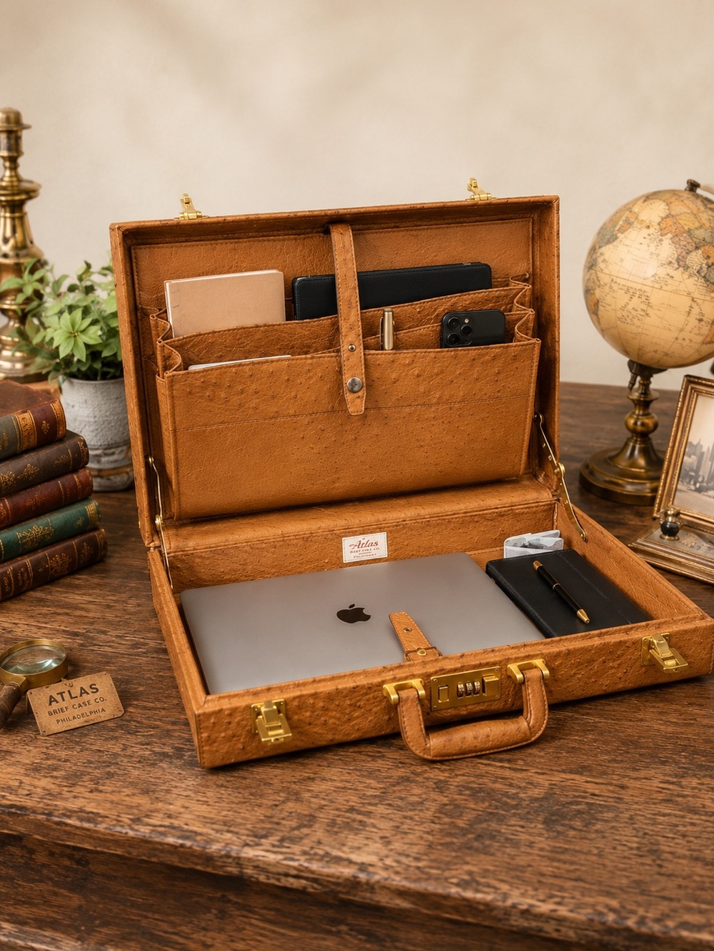 Atlas Brief Case Ostrich Leather Tan Briefcase Vintage 18.5 Inches.